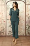 Shop Kaveri Green 100% Linen Embroidered Lace V Neck Dahlia Dia Top And Pant Set Online at Aza Fashions Shop_Kaveri_Green 100% Linen Embroidered Lace V Neck Dahlia Dia Top And Pant Set _Online_at_Aza_Fashions