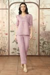 Buy_Kaveri_Pink 100% Linen Embroidered Lace V Neck Dahlia Dia Top With Pant _at_Aza_Fashions