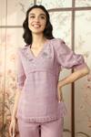 Shop_Kaveri_Pink 100% Linen Embroidered Lace V Neck Dahlia Dia Top With Pant _Online_at_Aza_Fashions