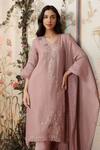 KAVERI_Pink 100% Linen Embroidered Lace V Neck Dahlia Kurta Pant Set _Online_at_Aza_Fashions