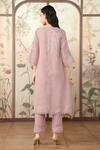 Shop_KAVERI_Pink 100% Linen Embroidered Lace V Neck Dahlia Kurta Pant Set _at_Aza_Fashions