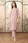 Buy_KAVERI_Pink 100% Linen Embroidered Lace V Neck Dahlia Kurta Pant Set _Online_at_Aza_Fashions