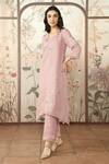 Shop_KAVERI_Pink 100% Linen Embroidered Lace V Neck Dahlia Kurta Pant Set _Online_at_Aza_Fashions