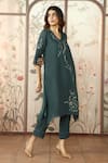 KAVERI_Green 100% Linen Embroidered Lace V Neck Dahlia Thread Kurta Pant Set _Online_at_Aza_Fashions