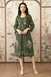 KAVERI_Green 100% Linen Hand Print Lace Jacket Mosaic Floral With Dress _Online_at_Aza_Fashions