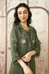 KAVERI_Green 100% Linen Hand Print Lace Jacket Mosaic Floral With Dress _at_Aza_Fashions