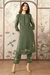 KAVERI_Green 100% Linen Hand Print Mosaic Floral Round Kurta Set _Online_at_Aza_Fashions