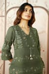 Shop_KAVERI_Green 100% Linen Hand Print Mosaic Floral V Neck Moscai Top With Pant _Online_at_Aza_Fashions