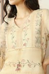 KAVERI_Yellow 100% Linen Hand Screen Print Mosaic Floral V Neck Moscai Top And Pant Set _at_Aza_Fashions