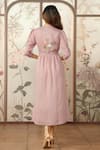 Shop_KAVERI_Pink 100% Linen Painted Floral Mandarin Collar Peony Parade Hand Dress _at_Aza_Fashions