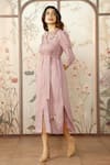 KAVERI_Pink 100% Linen Painted Floral Mandarin Collar Peony Parade Hand Dress _Online_at_Aza_Fashions