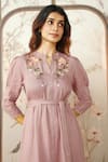 KAVERI_Pink 100% Linen Painted Floral Mandarin Collar Peony Parade Hand Dress _at_Aza_Fashions