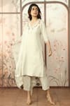 Buy_KAVERI_Beige 100% Linen Embroidered Cotton Thread V-neck Peony Parade Kurta Pant Set _at_Aza_Fashions