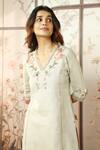 Buy_KAVERI_Beige 100% Linen Embroidered Cotton Thread V-neck Peony Parade Kurta Pant Set _Online_at_Aza_Fashions