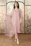 Buy_KAVERI_Pink 100% Linen Embroidered Cotton Thread V-neck Peony Parade Kurta Pant Set _at_Aza_Fashions