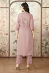 Shop_KAVERI_Pink 100% Linen Embroidered Cotton Thread V-neck Peony Parade Kurta Pant Set _at_Aza_Fashions