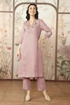 KAVERI_Pink 100% Linen Embroidered Cotton Thread V-neck Peony Parade Kurta Pant Set _at_Aza_Fashions