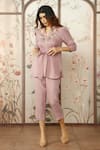 Buy_KAVERI_Pink 100% Linen Embroidered Cotton Thread Mandarin Peony Parade Top With Pant _at_Aza_Fashions