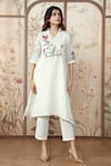 KAVERI_Off White Linen Embroidered Silk Stained Glass Fly Free Printed Tunic Pant Set _Online_at_Aza_Fashions