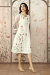 KAVERI_Off White Linen Embroidered Silk Thread Stained Glass Printed With Dress _Online_at_Aza_Fashions