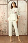 Buy_KAVERI_Off White 100% Linen Embroidered Silk Stained Glass Floral Peplum Top With Pant _at_Aza_Fashions