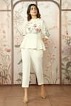 KAVERI_Off White 100% Linen Embroidered Silk Stained Glass Floral Peplum Top With Pant _Online_at_Aza_Fashions