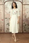 Shop_KAVERI_Off White Linen Embroidered Silk Thread Round Stained Glass Sam Applique Dress _Online_at_Aza_Fashions