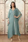 Buy_KAVERI_Blue 100 % Linen Embellished Studs V-neck Starlight Kaftan _at_Aza_Fashions