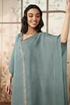 Shop_KAVERI_Blue 100 % Linen Embellished Studs V-neck Starlight Kaftan _Online_at_Aza_Fashions