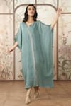 KAVERI_Blue 100 % Linen Embellished Studs V-neck Starlight Kaftan _at_Aza_Fashions