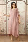 Buy_KAVERI_Pink 100 % Linen Embellished Studs V-neck Starlight Kaftan _at_Aza_Fashions