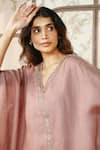 KAVERI_Pink 100 % Linen Embellished Studs V-neck Starlight Kaftan _at_Aza_Fashions