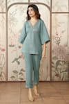 Buy_KAVERI_Blue 100 % Linen Embellished Studs V-neck Starlight Kimono Top With Pant _at_Aza_Fashions