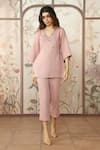 Buy_KAVERI_Pink 100 % Linen Embellished Studs V-neck Starlight Kimono Top With Pant _at_Aza_Fashions