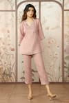 KAVERI_Pink 100 % Linen Embellished Studs V-neck Starlight Kimono Top With Pant _Online_at_Aza_Fashions