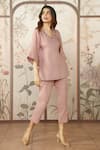 Shop_KAVERI_Pink 100 % Linen Embellished Studs V-neck Starlight Kimono Top With Pant _Online_at_Aza_Fashions