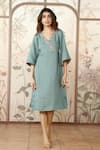 Buy_KAVERI_Blue 100 % Linen Embellished Studs V-neck Starlight Kimono Dress _at_Aza_Fashions