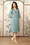 KAVERI_Blue 100 % Linen Embellished Studs V-neck Starlight Kimono Dress _Online_at_Aza_Fashions