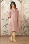 KAVERI_Pink 100 % Linen Embellished Studs V-neck Starlight Kimono Dress _Online_at_Aza_Fashions