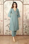 Buy_KAVERI_Blue 100 % Linen Embellished Studs V-neck Starlight Kimono Kurta With Pant _at_Aza_Fashions