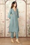 KAVERI_Blue 100 % Linen Embellished Studs V-neck Starlight Kimono Kurta With Pant _Online_at_Aza_Fashions