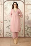 Buy_KAVERI_Pink 100 % Linen Embellished Studs V-neck Starlight Kimono Kurta With Pant _at_Aza_Fashions