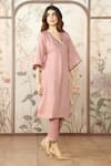 KAVERI_Pink 100 % Linen Embellished Studs V-neck Starlight Kimono Kurta With Pant _Online_at_Aza_Fashions