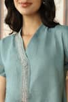 KAVERI_Blue 100 % Linen Embellished Studs V-neck Starlight Wave Top With Pant _at_Aza_Fashions