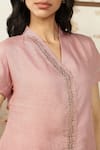 KAVERI_Pink 100 % Linen Embellished Studs V-neck Starlight Wave Top With Pant _at_Aza_Fashions