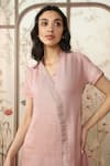 Shop_KAVERI_Pink 100 % Linen Embellished Studs V-neck Starlight Wave Dress _Online_at_Aza_Fashions