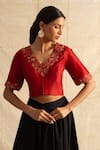 Buy_Neitri_Red Chanderi Silk Embroidered Floral V Neck Alhambra Blouse _at_Aza_Fashions