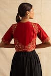 Shop_Neitri_Red Chanderi Silk Embroidered Floral V Neck Alhambra Blouse _at_Aza_Fashions