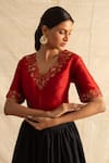 Buy_Neitri_Red Chanderi Silk Embroidered Floral V Neck Alhambra Blouse _Online_at_Aza_Fashions