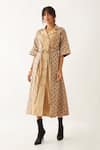 Buy_Son Of A Noble Snob_Beige Cotton Satin Print Clock Work Lapel Collar Leah Sand Dress _at_Aza_Fashions